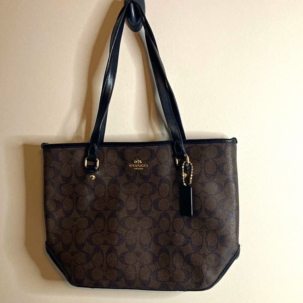 Coach Signature Brown Black Medium Tote Gold Hardware Zip Black Straps Charm